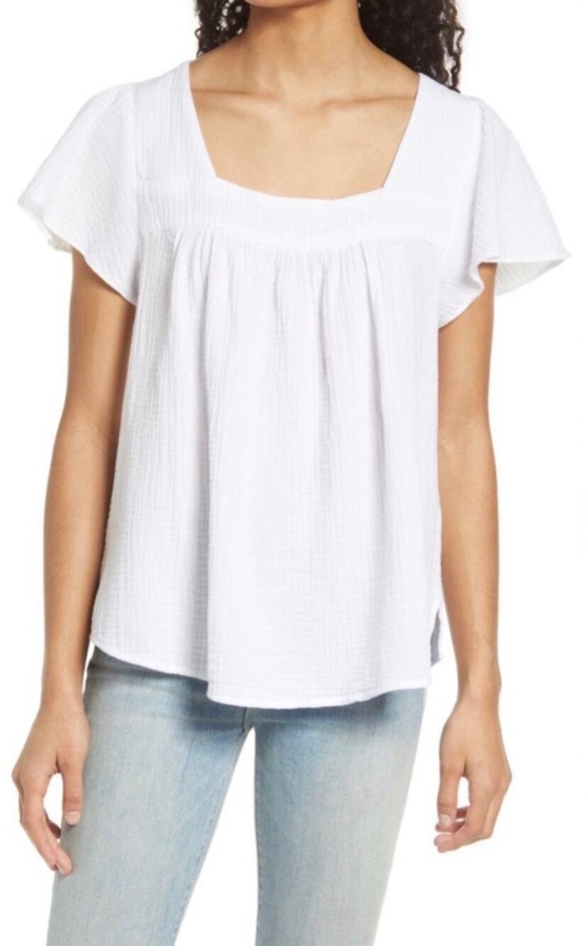 Caslon White Textured Scoop-Neck Short Sleeve Top
